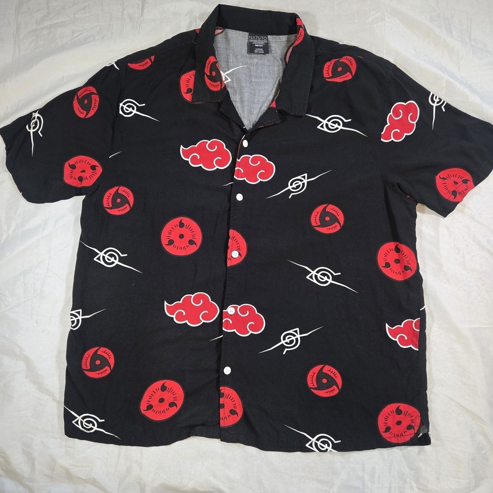Naruto Shippuden Akatsuki Sharingan Rayon Button Up Shirt Mens XL Black